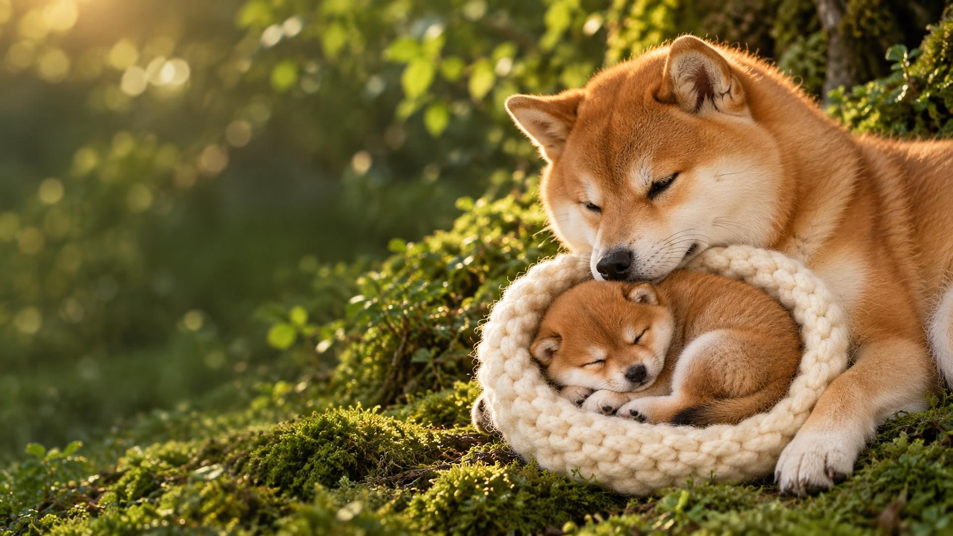 A grown shiba resting on moss with a newborn pup asleep in a cream knit nest